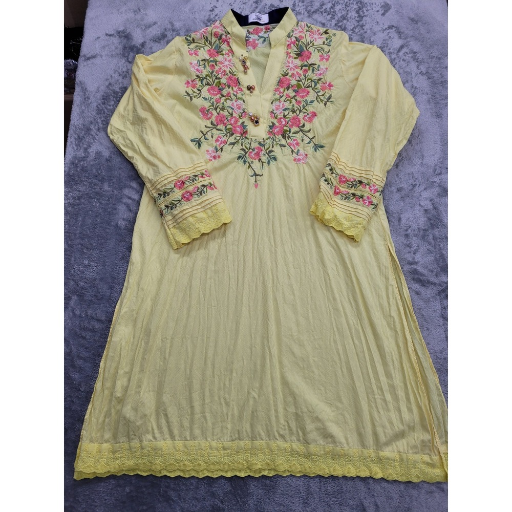 Sania‎ Maskatiya Alkaram Studio Kurta Women L Yellow Floral Embroidered Tunic
